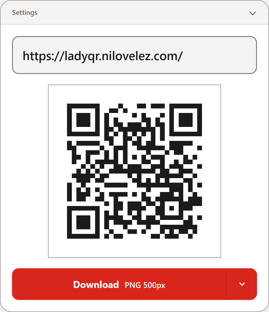 The LadyQR editor: a collapsed Settings bar, a text field containing a web address, the QR code for it, and a large red Download button.